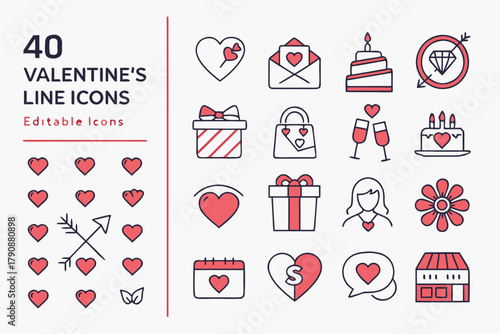 Collection of 40 Valentine's Day Line Icons with Hearts and Gifts love
