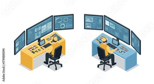 Two technicians monitoring multiple screens in isometric control room