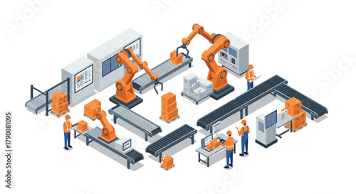 Automated industrial assembly line with robotic arms and engineers in modern isometric design