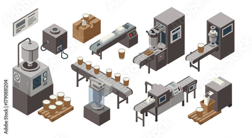 Industrial coffee production equipment in isometric design for modern factories