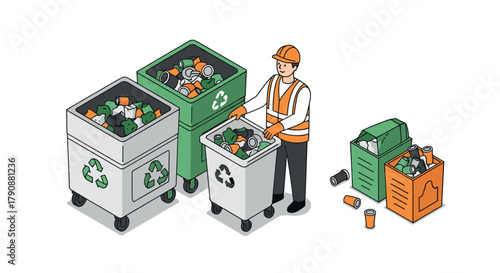 Waste management worker sorting recyclables in isometric style