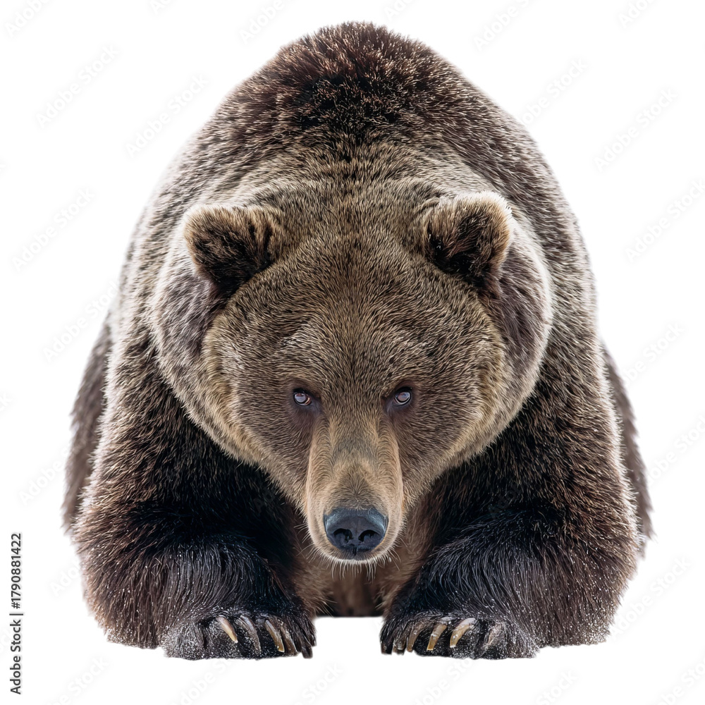Obraz premium Png of closeup portrait of a brown bear isolated on transparent background, looking directly at the camera with a serious expression