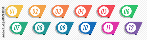 Bullet points numbers from 1 to 12 list markers. Infographic numbers set for progress, sequential processes or annual highlights
