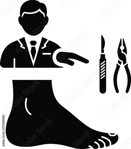 Podiatrist pointing at foot with scalpel and pliers icons human foot medical