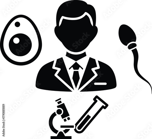 Scientist examining egg cell sperm and test tube with microscope science research