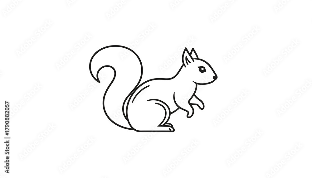 Obraz premium Minimalist vector outline of a squirrel with a bushy tail, isolated on a white background, facing right