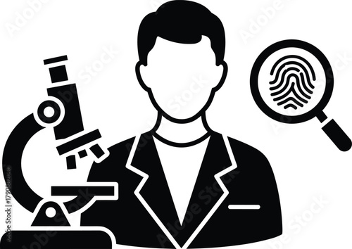 Scientist examining fingerprint with microscope and magnifying glass icon person male