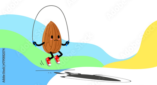 Animated almond in sneakers skipping rope with a unique and quirky illustration