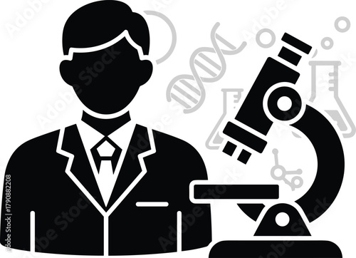 Scientist in suit with microscope D N A and lab equipment icons vector