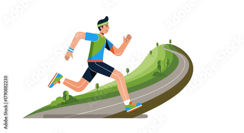 Animated Athlete Running Uphill on a Winding Road, Black Background Illustration