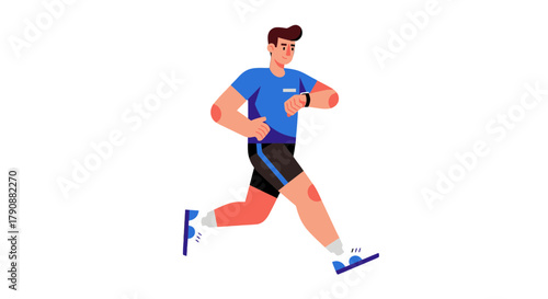 Animated Athlete Sprinting While Checking Smartwatch Interface and Fitness Metrics
