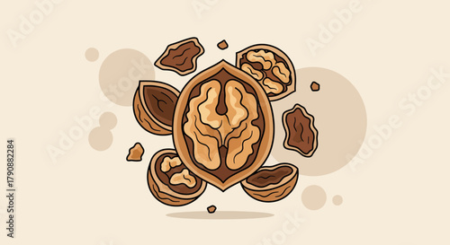 Artistic Walnut Illustration Showing Nut's Inside, Halves, and Pieces on Beige Background