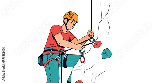 Animated Climber Ascending a Rock Face with Safety Gear and Detailed Harnessing Technique