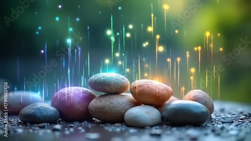 Pebbles with energy light effect.