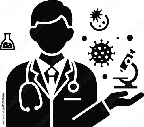 Scientist with microscope and virus studying disease in laboratory doctor medical