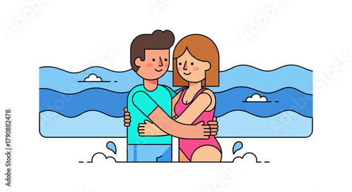 Animated Couple Embracing in Tranquil Waters, Sharing a Moment of Affection and Togetherness