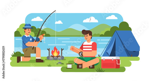 Animated Fishing Adventure: Two Friends Enjoy A Camping Trip Near A Lake With a Campfire