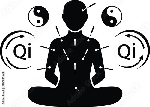 Silhouette of person with acupuncture needles and Qi symbols human body
