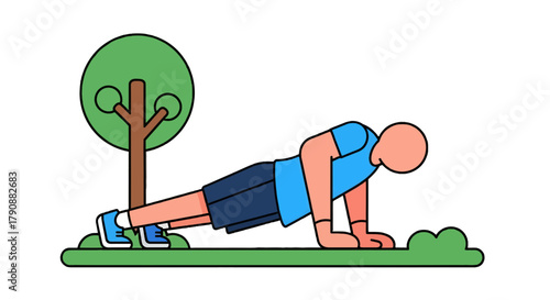Animated Illustration Of A Person Exercising Outdoors Performing A Push-Up Exercise