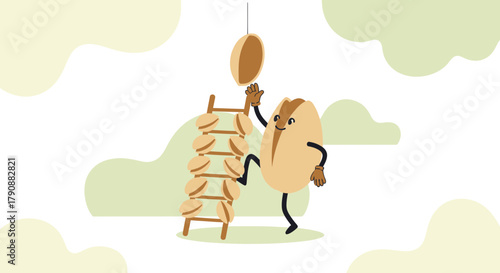 Animated Nut Character Playfully Reaching For A Suspended Seed Cartoon Illustration