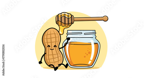 Animated Peanut Character Dressed Up With Honey And A Jar With Artistic Design