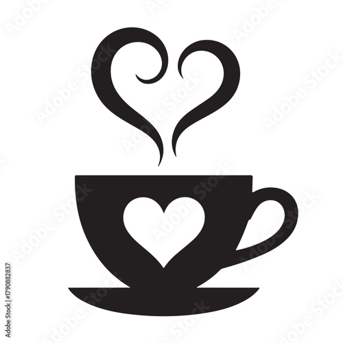 Black silhouette of a cup with heart steam for valentines day or coffee shop