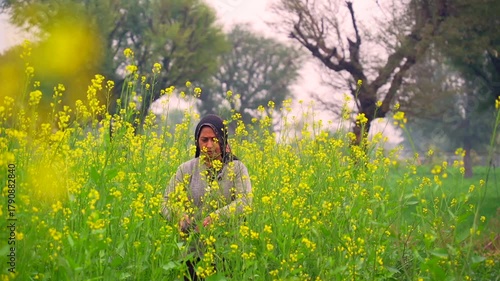 Young woman farmer walking in a mustard field, early morning. Yellow blooming flowers field in village. Lady Inspecting and standing middle of the winter season crops.