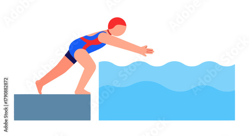 Athlete Taking Plunge Into Water for Swimming Competition, Blue Background Minimalist