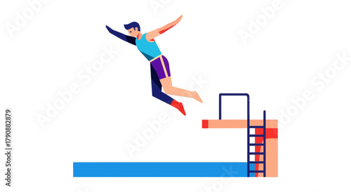 Athlete Taking Plunge Into Water, Minimalist Illustration With Black Background