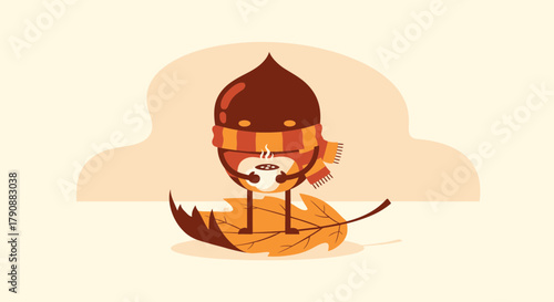 Autumn Chestnut Character Enjoying Warm Drink on a Leaf, Vector Illustration