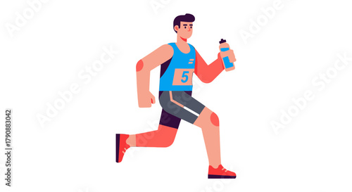 Animated Runner Drinking Water, Illustrating Fitness, Health, and Marathon Spirit