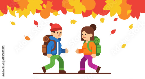 Autumn Hiking Couple Illustration Against Black Background Underneath Falling Leaves