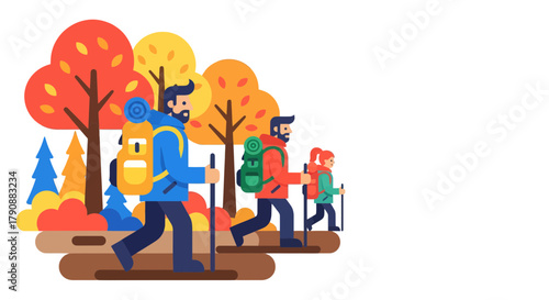 Autumn Hiking Family Exploring Nature With Backpacks And Walking Sticks