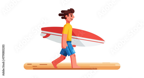 Animated Surfer Strolling with Surfboard on Beach Boardwalk Illustration with Colorful Style