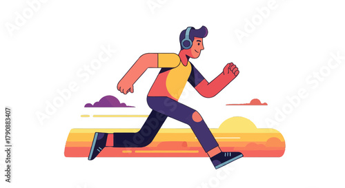 Animation Of A Running Person With Headphones In A Colorful And Minimalist Scene