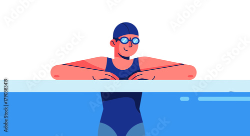 Animated Swimmer Resting by the Pool Surface After Practicing Swimming for a While