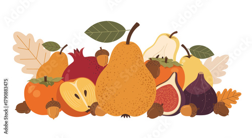 Autumnal Bounty: A Colorful Arrangement Of Various Fruits And Acorns For Design