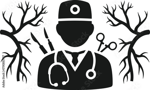Silhouette of surgeon with medical tools and branching veins or arteries doctor healthcare