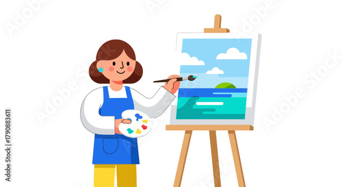 Artist Painting A Seaside Landscape Scene On Canvas With A Paintbrush