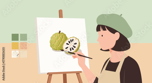 Artist Painting Custard Apple Illustration on Canvas Depicting Fresh Food and Creativity