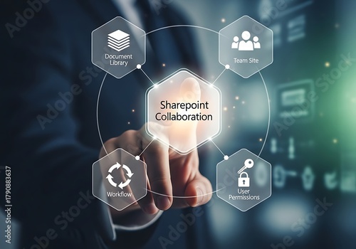 A businessman interacting with a virtual interface showing sharepoint collaboration features, highlighting teamwork, document management, and secure data sharing within an organization