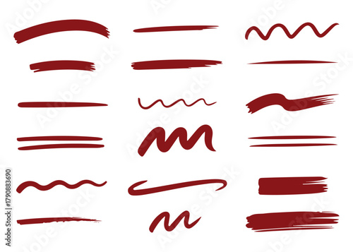 Diverse Collection of Burgundy Brush Strokes and Underlines for Graphic Design Enhancement