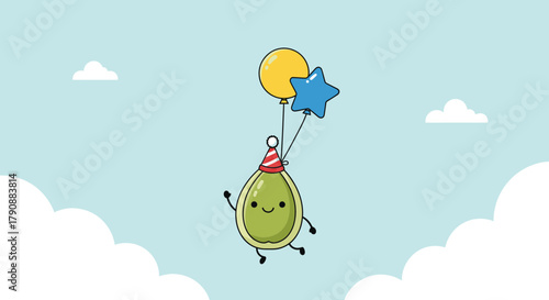 Avocado With Party Hat Soaring With Balloons In Sky, Delightful And Cheerful