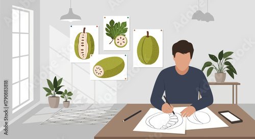 Artist Sketching Guava Fruit Interior with References and Plants in a Brightly Lit Room