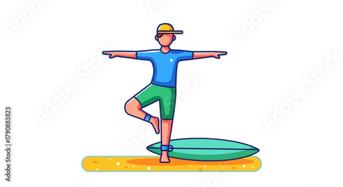 Balancing Act: A Surfer's Tranquil Pose on a Surfboard Depicted with Graphic Elements