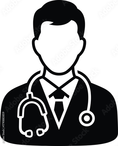 Black and white icon of a male doctor wearing a stethoscope and tie physician medical