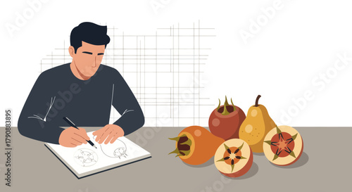 Artist Sketching Natural Food and Botanical Elements on Paper with Delicious Fruit Illustrations