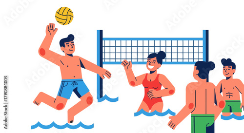 Beach Volleyball Game Illustration Depicting Recreational Activities During Summertime