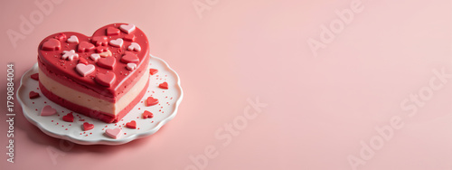 A heart-shaped cake decorated with sugar hearts and sprinkles sits on a matching pink background. The romantic dessert symbolizes love and celebration, perfect for Valentine’s Day and anniversaries.