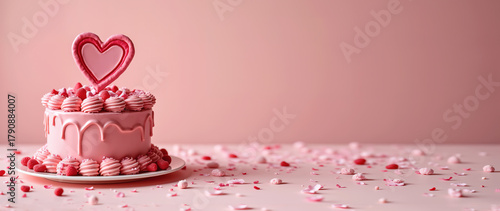 Elegant pink Valentine’s cake topped with a heart-shaped decoration, whipped cream swirls, and raspberries. Set against a soft pink background with confetti and ample copy space for text.